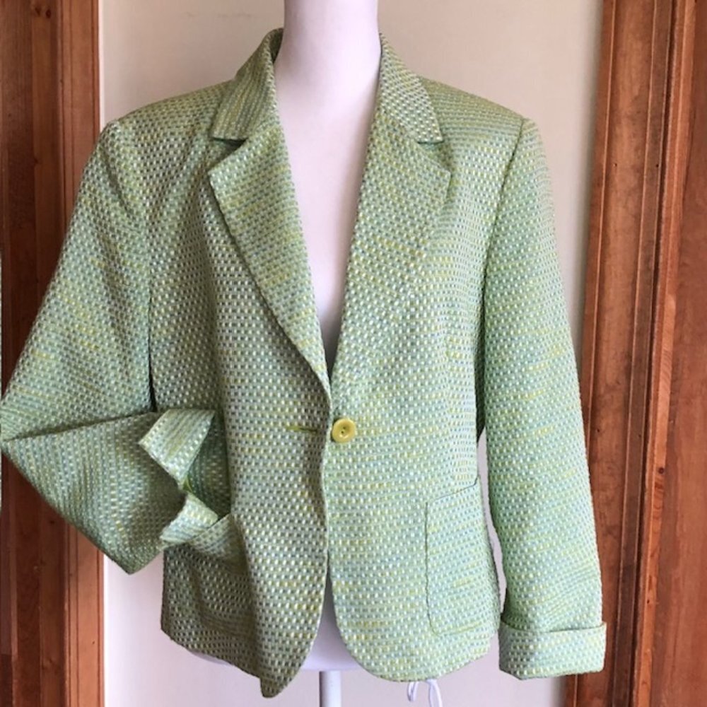 TALBOTS Tweed Green Blue Yellow Long Sleeve Lined Single Breasted Blaz…